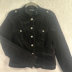 DKNY Jeans Military Jacket Women XL Black Velvet Corduroy Button Up Pockets
